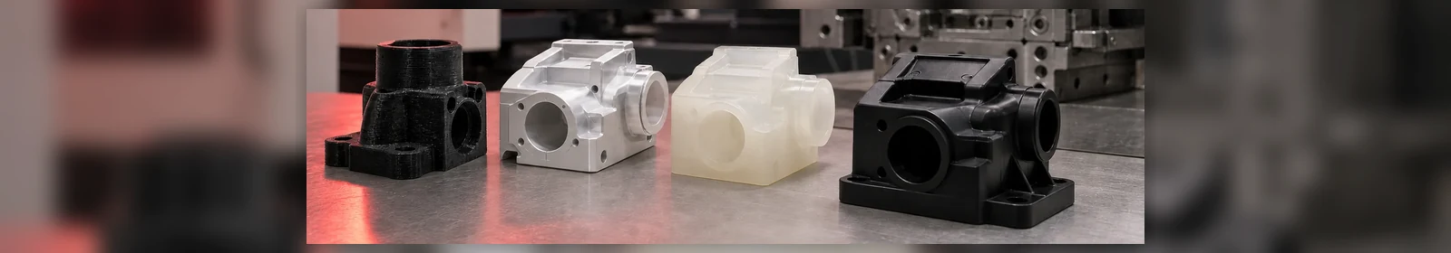 Piezas prototipo fabricadas con distintas tecnologías junto a un molde de inyección