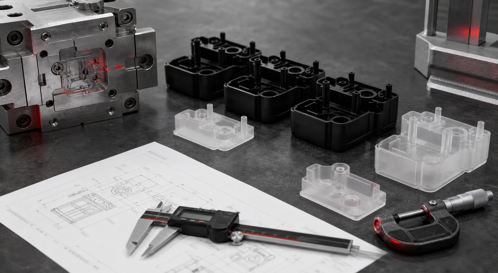 Piezas inyectadas junto a un molde y equipos de medición dimensional