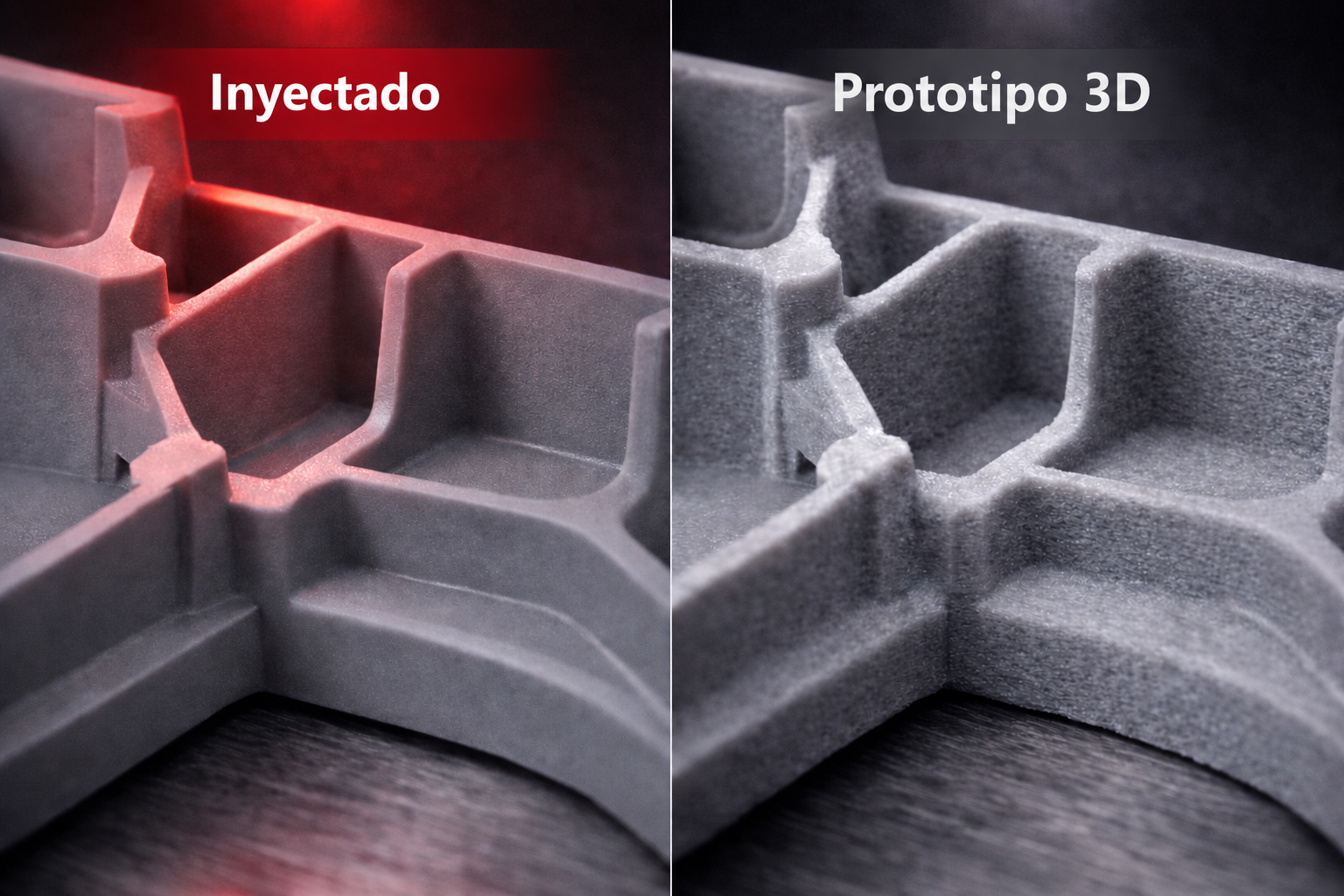 Comparativa entre pieza inyectada y prototipo impreso en 3D para validar diferencias reales de proceso